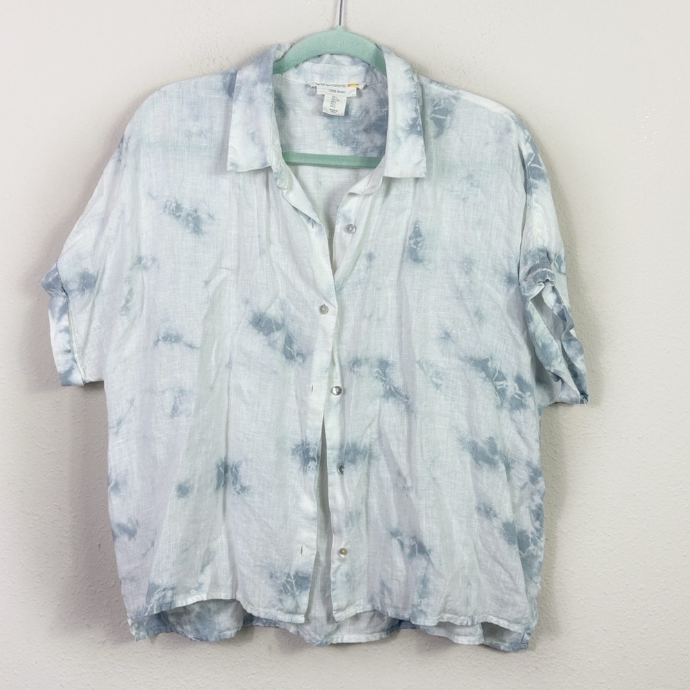 C&C California 100% Linen White‎ Blue Tie Dye Button Down Shirt size Large